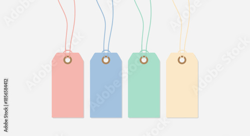 Four pastel-colored blank gift tags hanging by strings against a white background.