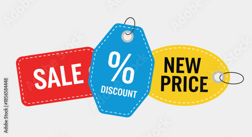 Three colorful price tags indicating a sale, discount, and new price, isolated on a light gray background.