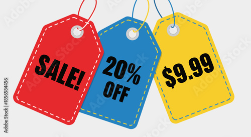 Three colorful sale tags displaying 'SALE!', '20% OFF', and '$9.99' against a plain background.