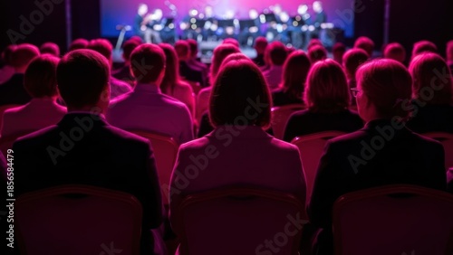 Audience watching stage performance with dim lighting