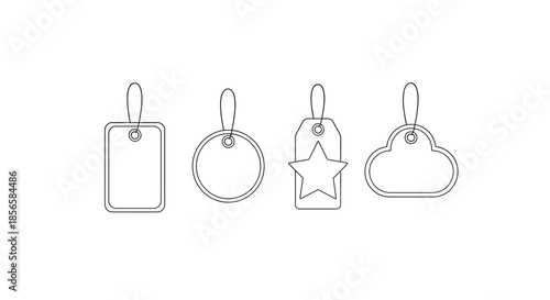 A set of four simple, outline-style tags, each with a different shape and a loop for hanging, presented on a white background.