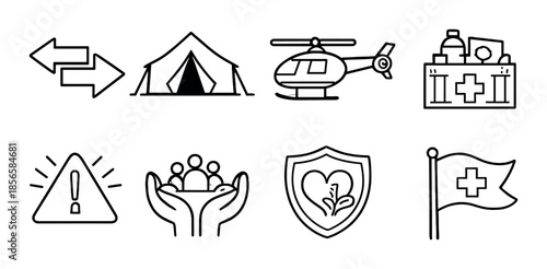 Emergency icons: tent, helicopter, hospital, safety, relief, medical, alert, protection