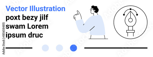 Person gesturing upwards next to pen tool icon, symbolizing creativity and design. Ideal for graphic design, web development, innovation, education, UIUX, branding, simple landing page