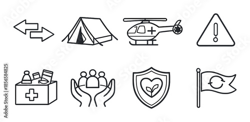 Emergency response icons set featuring tent helicopter first aid and community support