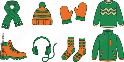 Winter clothing accessories illustration set, scarf hat mittens boots sweater jacket socks headphones, warm seasonal fashion items vector isolated