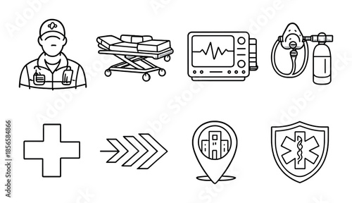 Medical emergency icons: healthcare symbols for ambulance, hospital, and equipment