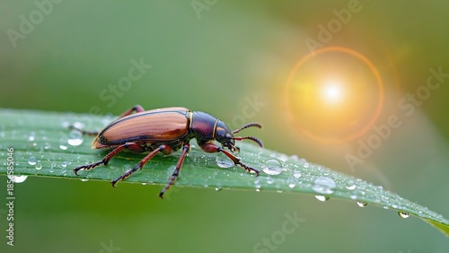 Beetle on a dewy leaf