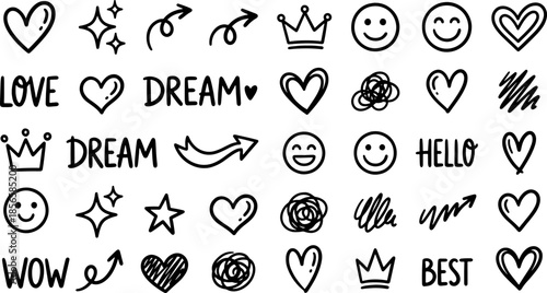 Doodle Icons and Expressions: A whimsical assortment of hand-drawn icons including hearts, stars, arrows, crowns, and smiley faces. Representing love, dreams, joy, and the best feelings.