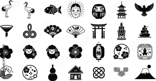 Japanese, icons, culture, tradition, black, white, silhouette, vector, plum, crane, fan, knot, lantern, mochi, pagoda, torii, Fuji, wave, daruma, decoration