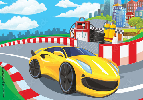 Cartoon scene with racing car on the track sports car near the city illustration for children