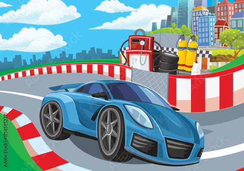 Cartoon scene with racing car on the track sports car near the city illustration for children
