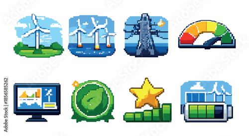 Pixel art icons of renewable energy and power efficiency themes