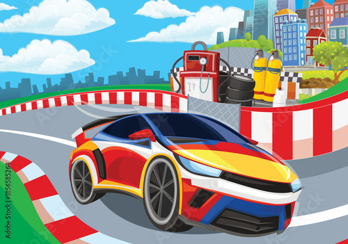 Cartoon scene with racing car on the track sports car near the city illustration for children