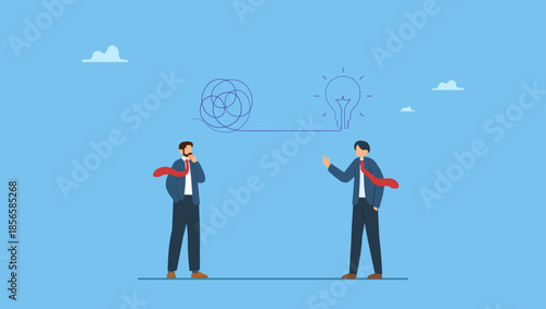 Businessmen discussing work using creativity solving messy line into light bulb idea. Proactive and reactive thinking, chaos and order theory or simplify idea to solve difficulty problems.
