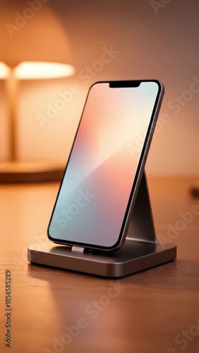 Minimalist smartphone on desk stand with soft warm ambient light, modern tech workspace and mobile lifestyle concept, clean product mockup, generative AI