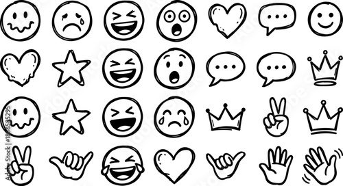 Emoticon Symbols Expressive Moods: An assortment of playful doodle emoticons convey a spectrum of emotions and feelings through simple yet effective line drawings.