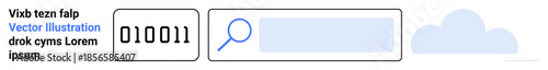 Technology, cloud computing, digital search, binary data, user interface, online navigation. Image features a digital search bar, binary code and cloud. Technology and cloud computing concepts