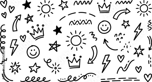 Playful Doodle Elements: A collection of charming, hand-drawn illustrations bursts with creativity, featuring radiant suns, twinkling stars, graceful crowns, joyous smiles.
