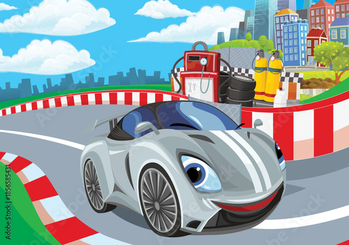 Cartoon scene with racing car on the track sports car near the city illustration for children