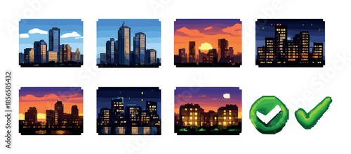 8-bit pixel cityscapes at different times of day with green check marks