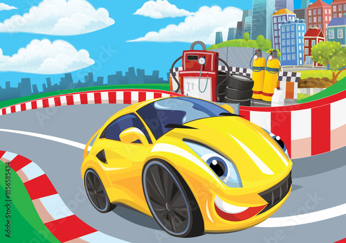 Cartoon scene with racing car on the track sports car near the city illustration for children