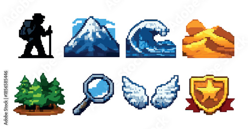 Pixel icons: hiker, mountain, wave, sand dunes, forest, magnifying glass, wings, shield