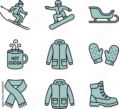 Winter icons illustration set, skiing snowboarding sled hot cocoa jacket mittens scarf boots, cold season outdoor activities vector collection isolated