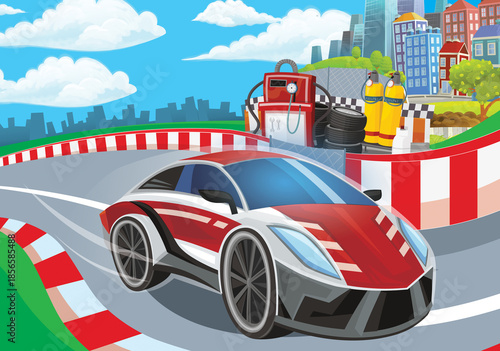 Cartoon scene with racing car on the track sports car near the city illustration for children