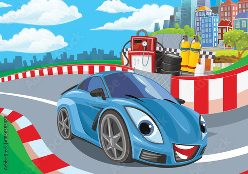 Cartoon scene with racing car on the track sports car near the city illustration for children