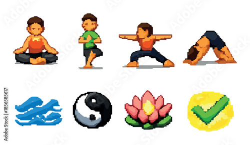 Pixel art yoga poses and symbols with diverse male and female characters