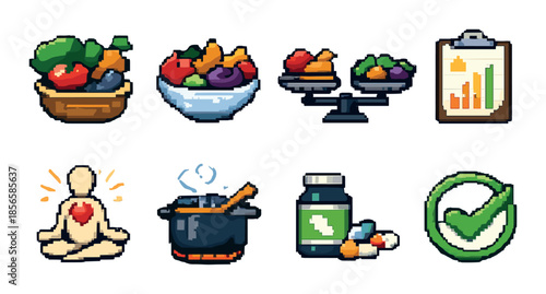 Pixel art icons: fruits, scales, yoga, cooking, supplements, green checkmark