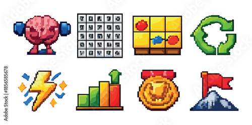 Colorful pixel art icons featuring brain puzzle games and achievement symbols