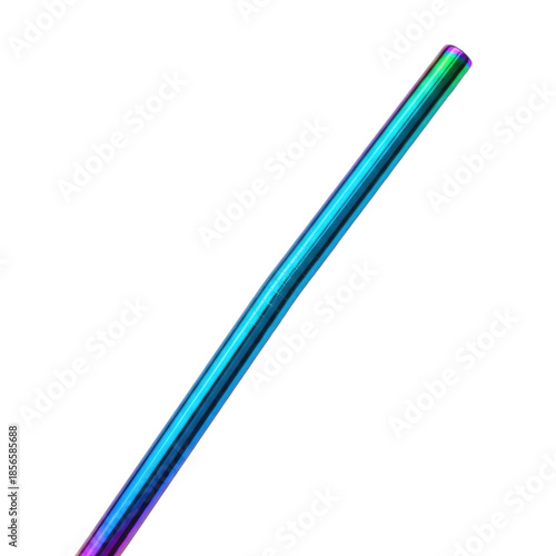 macro studio shot of a sleek, polished metal reusable straw featuring an intense iridescent holographic finish in electric blue and deep purple, isolated on transparent. concept for modern sustainable