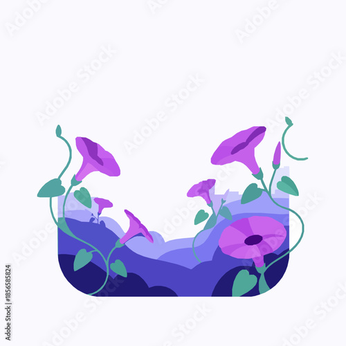 Wild purple trumpet flowers growing on city hills flat vector illustration