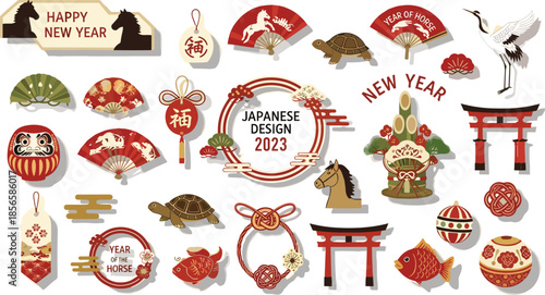 Japanese, New Year, icons, 2023, celebration, horse, zodiac, daruma, fan, crane, turtle, knot, torii, fish, kadomatsu, festive, tradition, vector, design, illustration