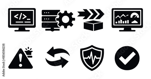 Dark themed technology icons: coding, settings, data, alert, sync, security, analytics