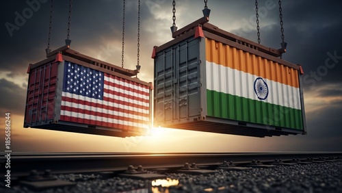 Two shipping containers with the flags of the United States and India hanging from cranes against a dramatic sunset sky symbolizing international trade and global commerce in a modern
