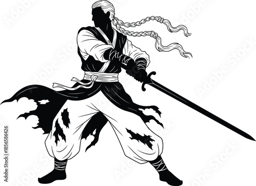 Black and white fantasy warrior swordsman silhouette illustration isolated on white background for mythology, martial arts, and epic design concepts