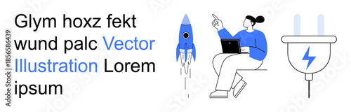 Innovation, remote work, energy, technology, creativity, business growth. Rocket launching, person working on a laptop and electric plug icon. Innovation and remote work technological creativity