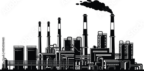 Black and white industrial factory silhouette with smokestacks emitting pollution illustrating heavy industry, manufacturing infrastructure, and environmental impact concepts