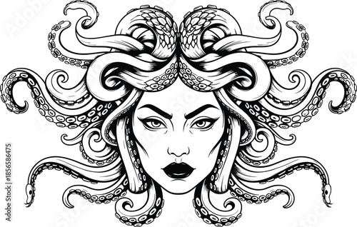 Black and white Medusa mythological woman illustration with snake hair isolated on white background for tattoo art, mythology, and fantasy design