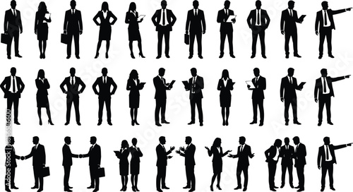 Business people silhouette collection isolated on white background showing diverse corporate men and women poses teamwork leadership presentation negotiation office success