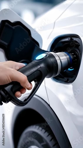 Close-up electric car charging plug connected to EV port with clean reflections and blue indicator light, sustainable transportation and clean energy concept, generative AI