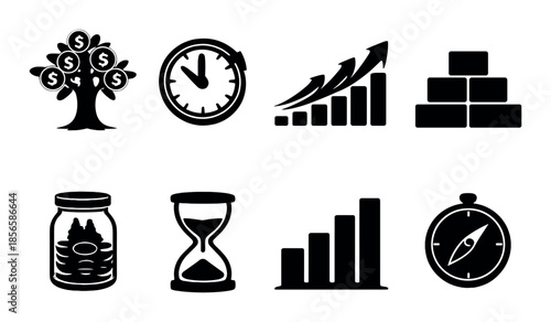 Currency growth symbols: tree, time, graphs, compass, hourglass, progress illustration
