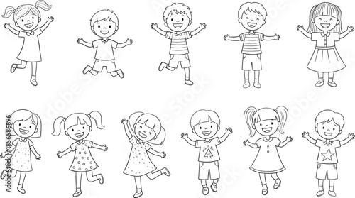 Cute black and white cartoon children playing and jumping illustration set isolated on white background for education design projects materials