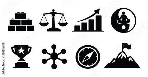 Business icons: balance, growth, strategy, achievement, navigation, meditation symbols