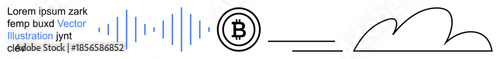 Cryptocurrency, blockchain technology, digital transactions, decentralized finance, cloud storage, data transfer. Bitcoin symbol with sound waves and cloud graphics. Cryptocurrency and blockchain
