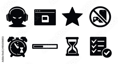Set of black minimalist icons for gamers: headphones, timers, checklists, symbols