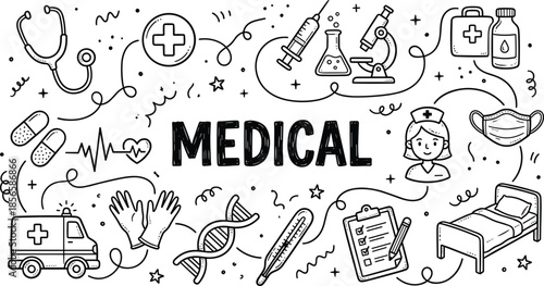 Hand drawn medical doodle illustration isolated on white background, healthcare icons tools symbols and typography for hospital education and wellness design