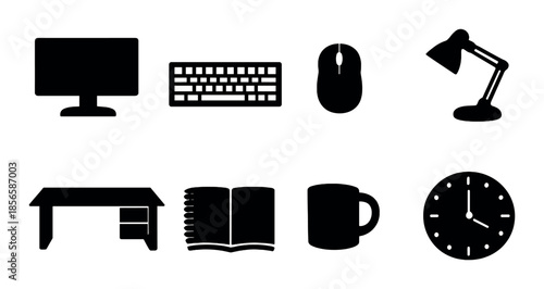 Silhouette icons of office essentials: computer, keyboard, mouse, lamp, desk, book, mug, clock